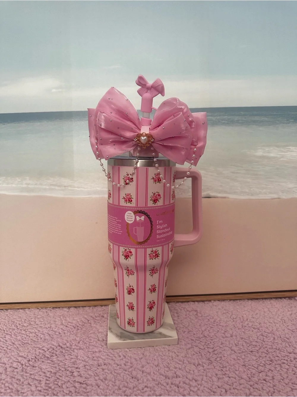 Pink Floral Striped Travel Tumbler with Bow Lid